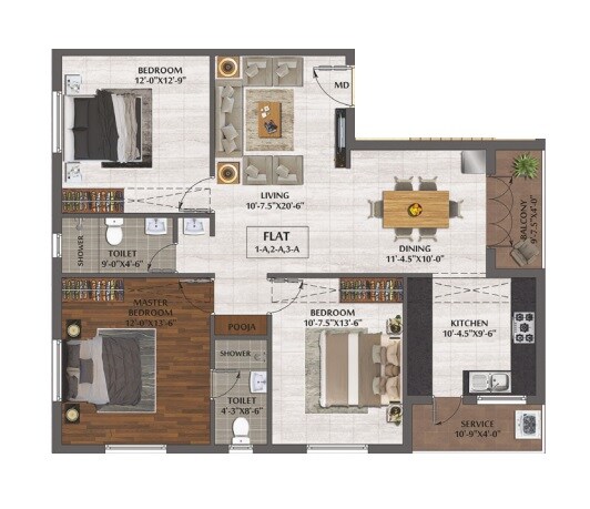 Floor plan of 3 BHK 1421 Sq. Ft. Apartment in Poomalai TMS Residency, Chennai