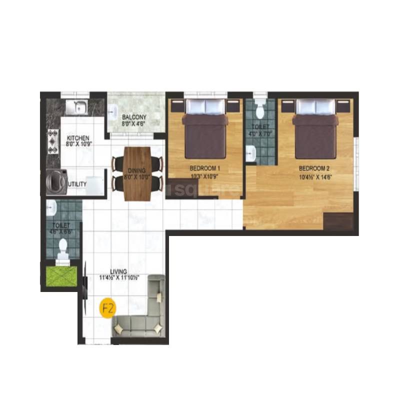 Floor plan of 2 BHK 1029 Sq. Ft. Apartment in Poorna Royal Sabari Apartments, Chennai