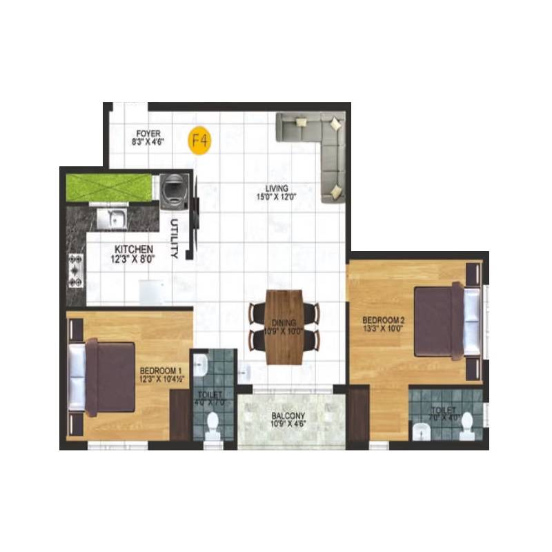 Floor plan of 2 BHK 1172 Sq. Ft. Apartment in Poorna Royal Sabari Apartments, Chennai