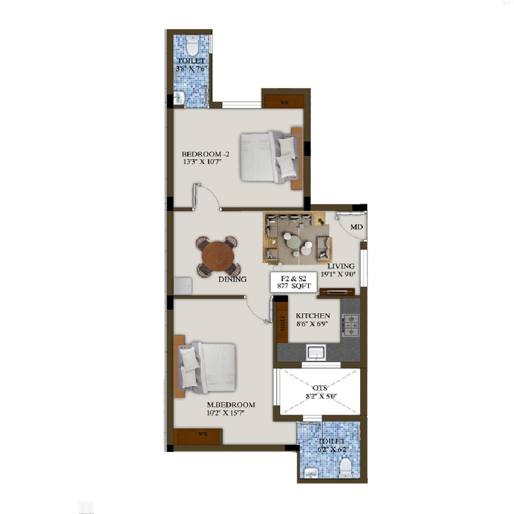 Floor plan of 2 BHK 877 Sq. Ft. Apartment in Prabha Homes Blissful, Chennai