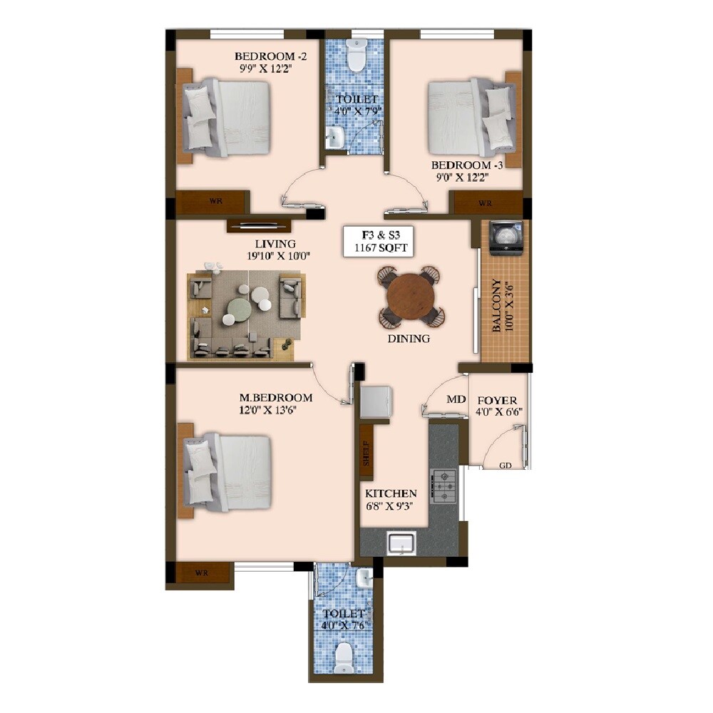 Floor plan of 3 BHK 1167 Sq. Ft. Apartment in Prabha Homes Blissful, Chennai