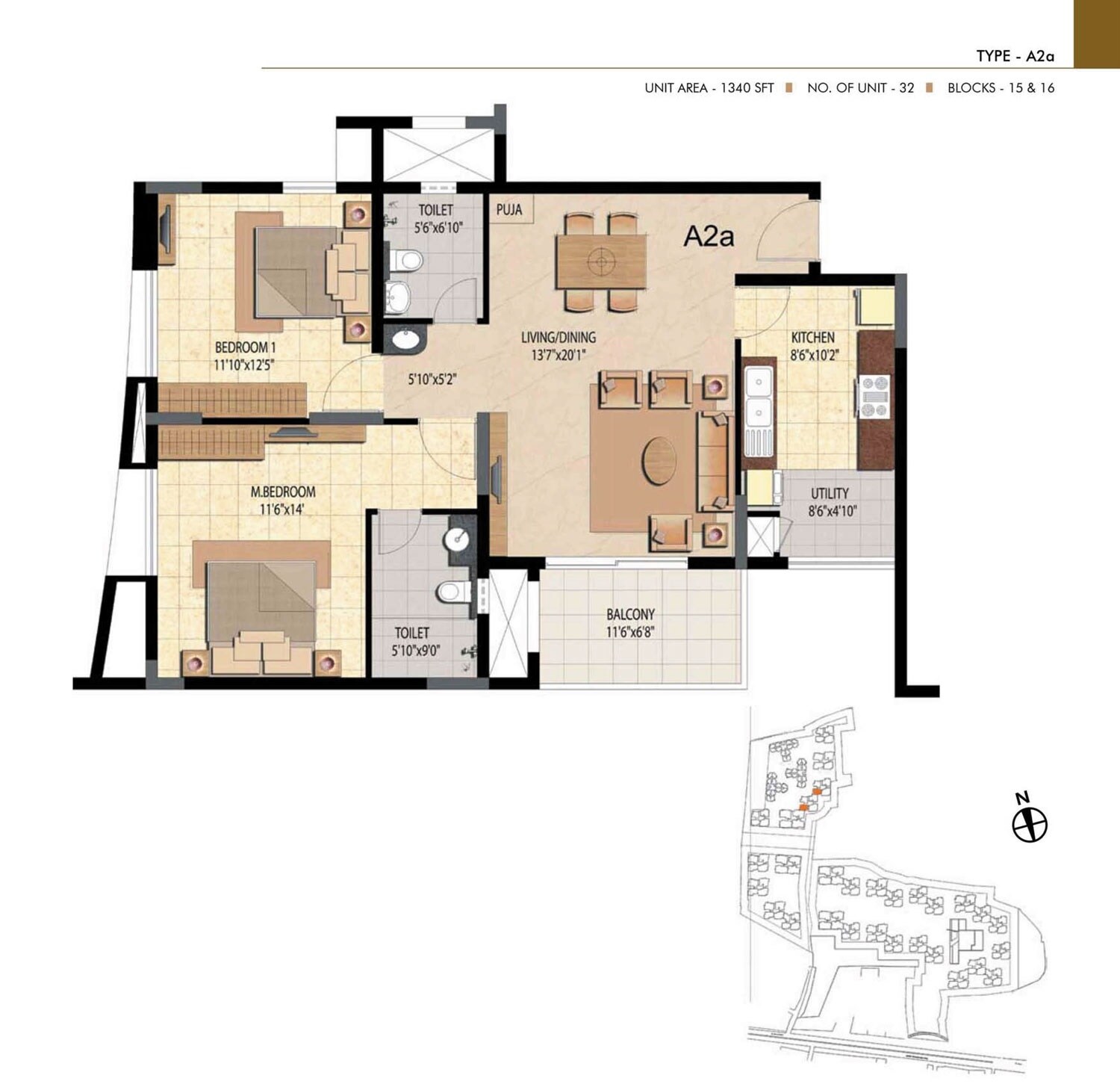 Floor plan of 2 BHK 1340 Sq. Ft. Apartment in Prestige Bella Vista, Chennai