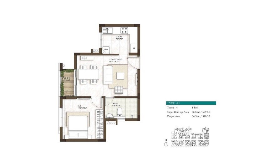 Floor plan of 1 BHK 599 Sq. Ft. Apartment in Prestige Courtyards, Chennai