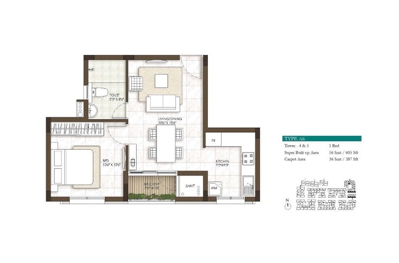 Floor plan of 1 BHK 605 Sq. Ft. Apartment in Prestige Courtyards, Chennai