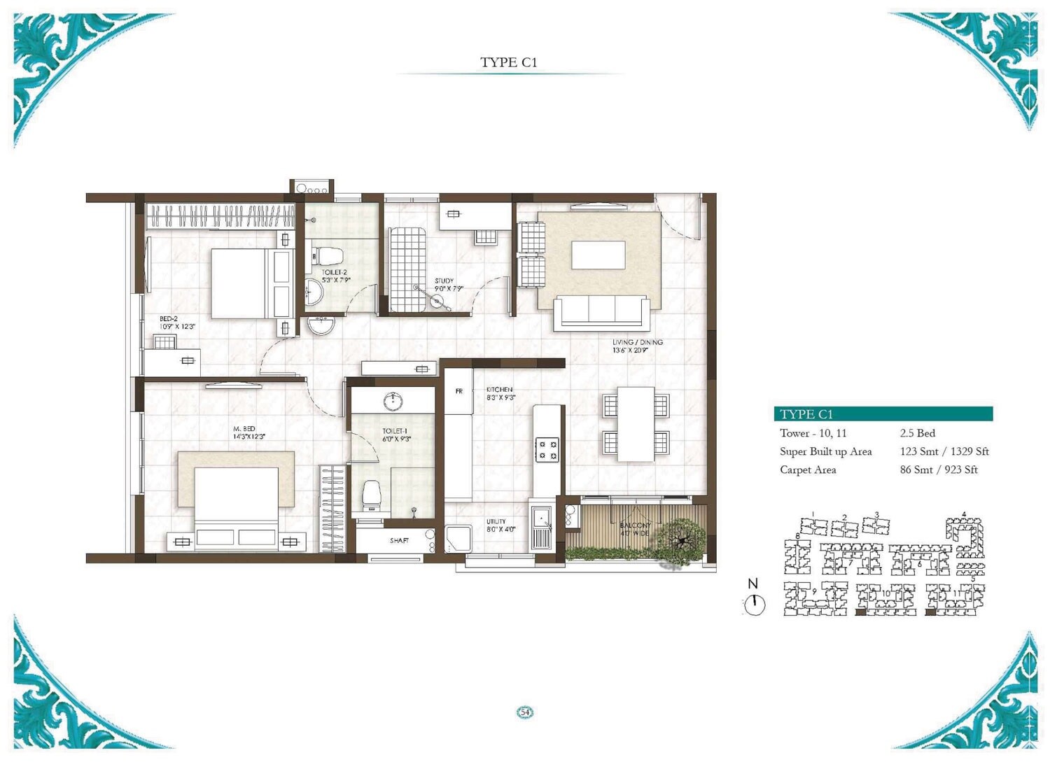 Floor plan of 2 BHK 1329 Sq. Ft. Apartment in Prestige Courtyards, Chennai