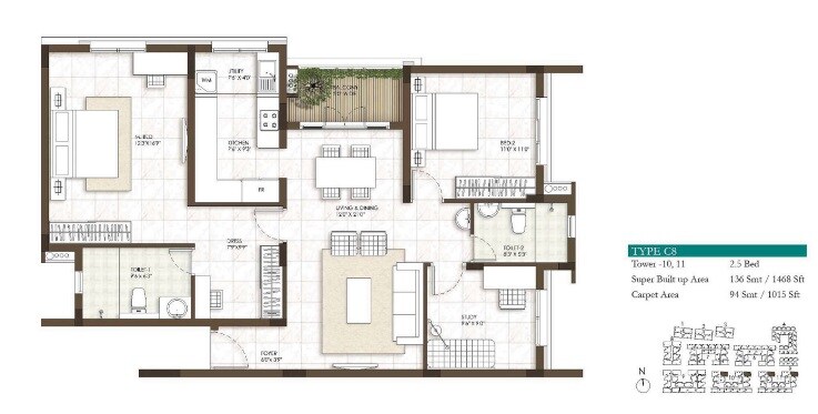 Floor plan of 2 BHK 1468 Sq. Ft. Apartment in Prestige Courtyards, Chennai