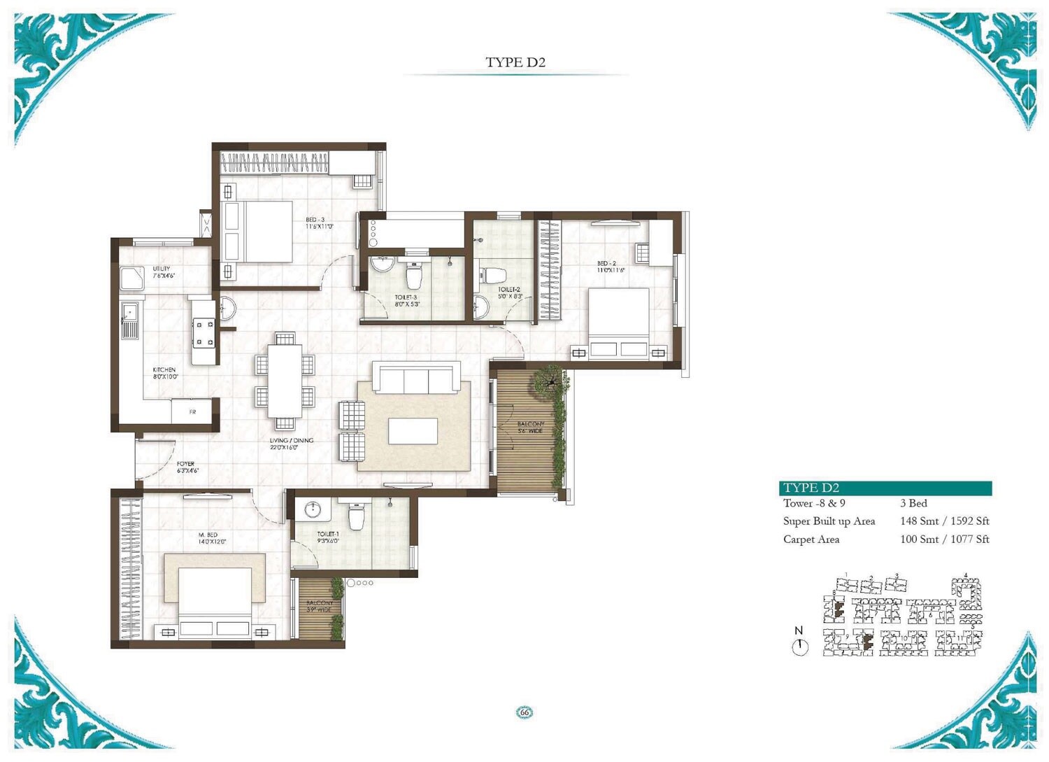 Floor plan of 3 BHK 1592 Sq. Ft. Apartment in Prestige Courtyards, Chennai