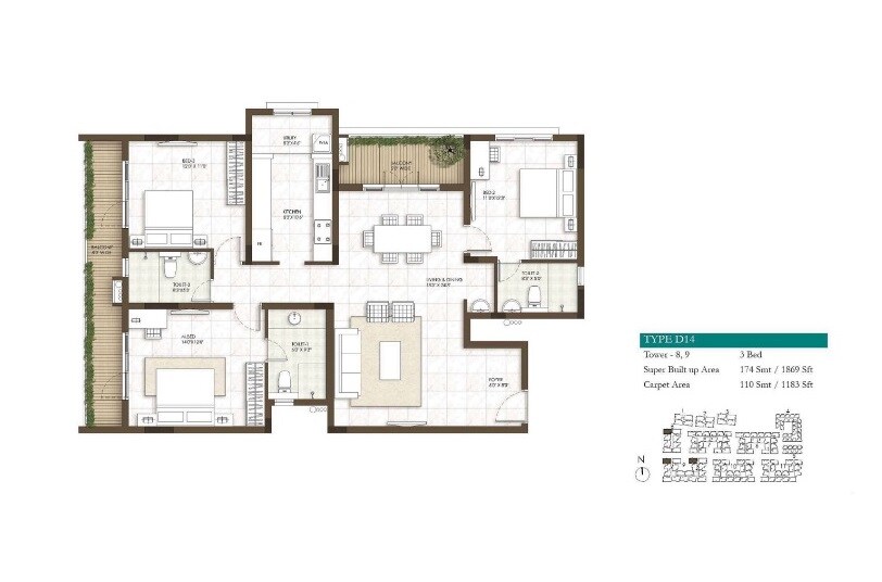 Floor plan of 3 BHK 1869 Sq. Ft. Apartment in Prestige Courtyards, Chennai