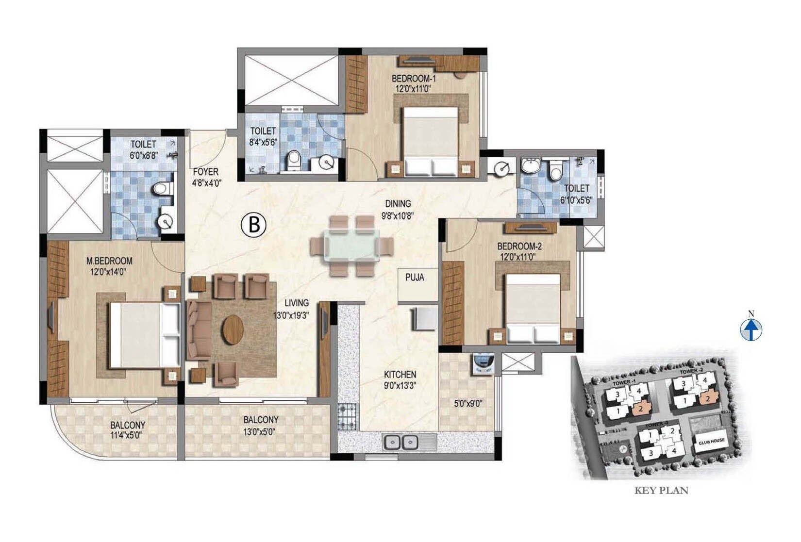 Floor plan of 3 BHK 1756 Sq. Ft. Apartment in Prestige Downtown, Chennai