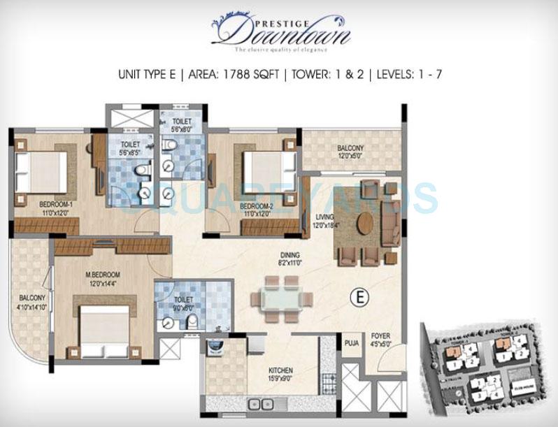 Floor plan of 3 BHK 1788 Sq. Ft. Apartment in Prestige Downtown, Chennai