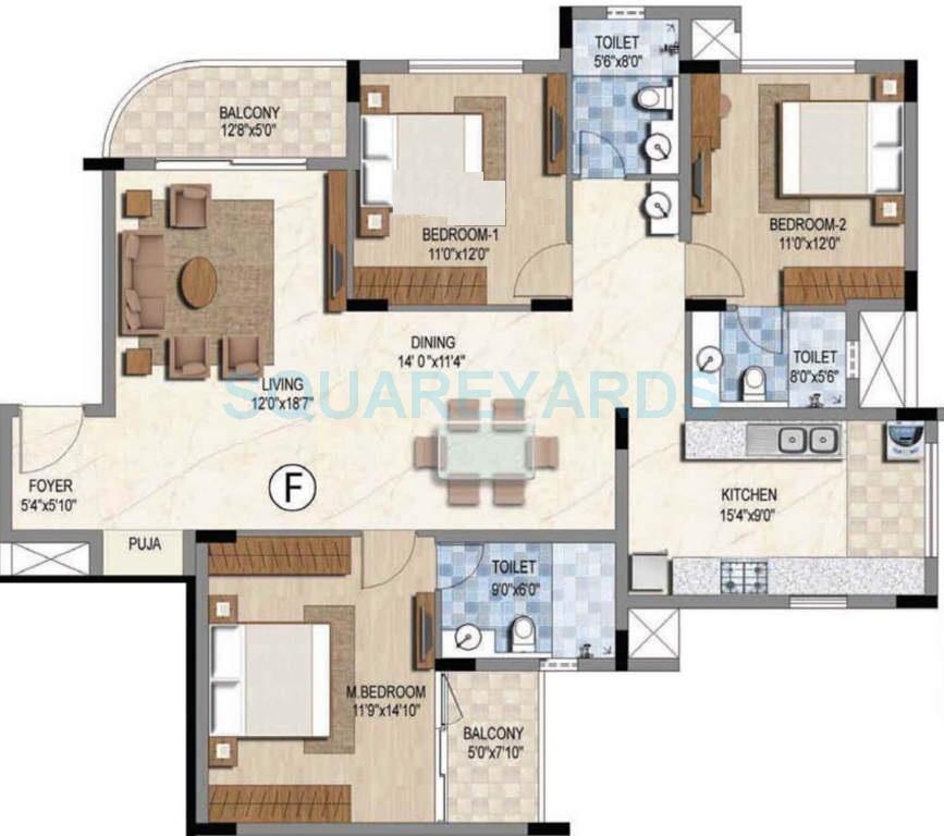 Floor plan of 3 BHK 1818 Sq. Ft. Apartment in Prestige Downtown, Chennai