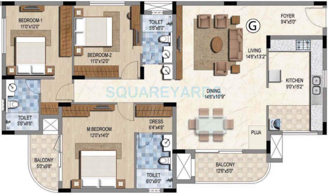 Floor plan of 3 BHK 1901 Sq. Ft. Apartment in Prestige Downtown, Chennai