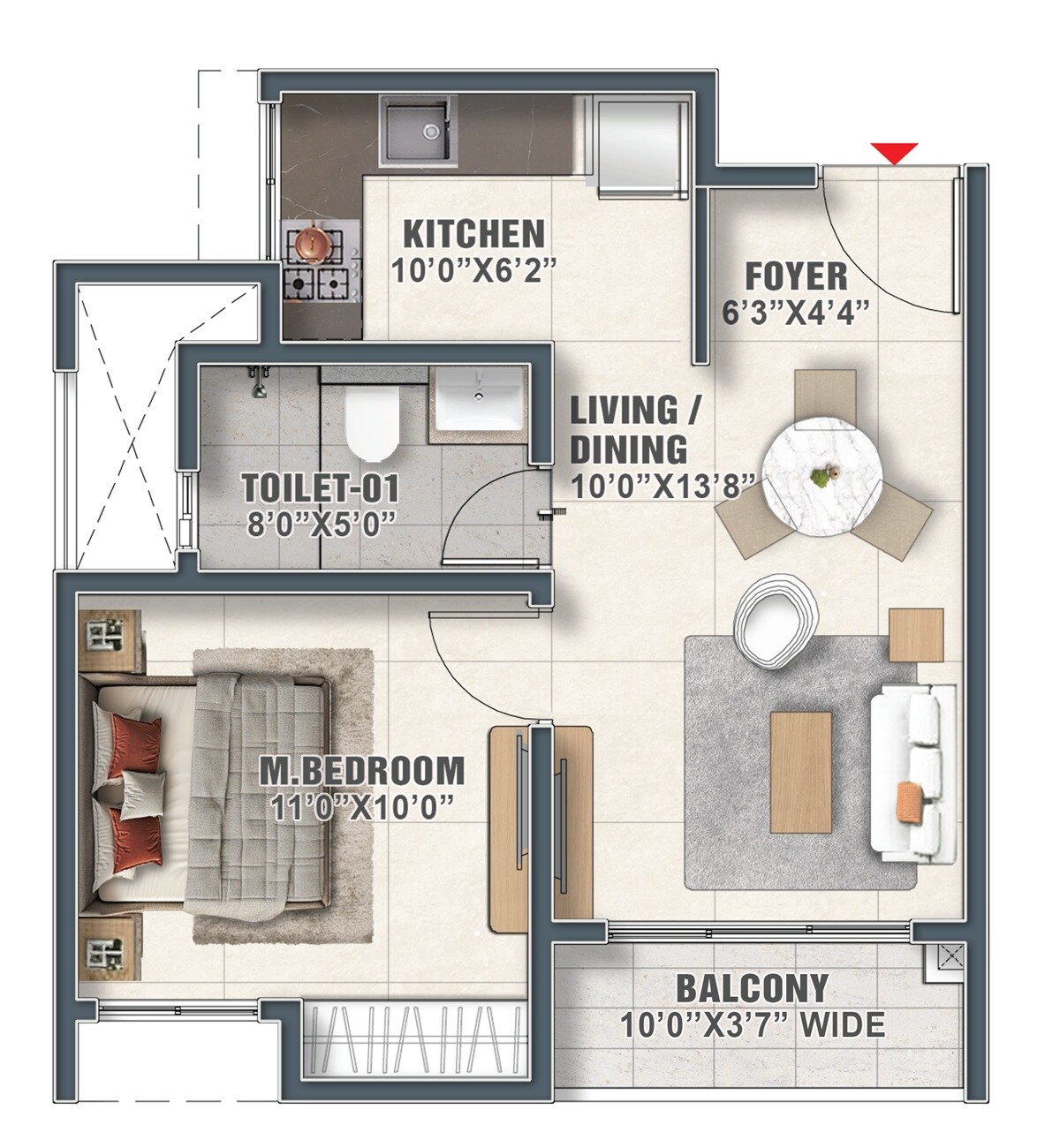 Floor plan of 1 BHK 637 Sq. Ft. Apartment in Prestige Palm Court, Chennai