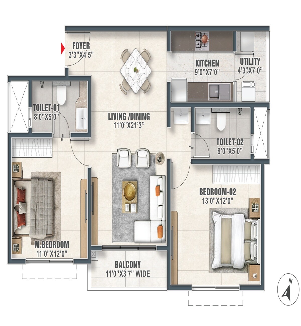 Floor plan of 2 BHK 1139 Sq. Ft. Apartment in Prestige Palm Court, Chennai