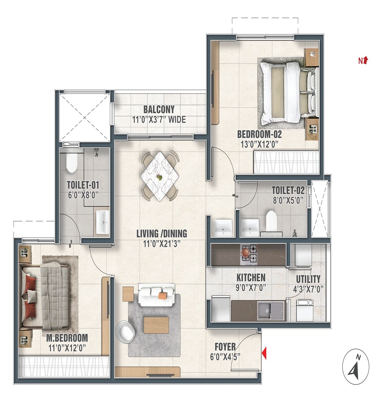 Floor plan of 2 BHK 1174 Sq. Ft. Apartment in Prestige Palm Court, Chennai