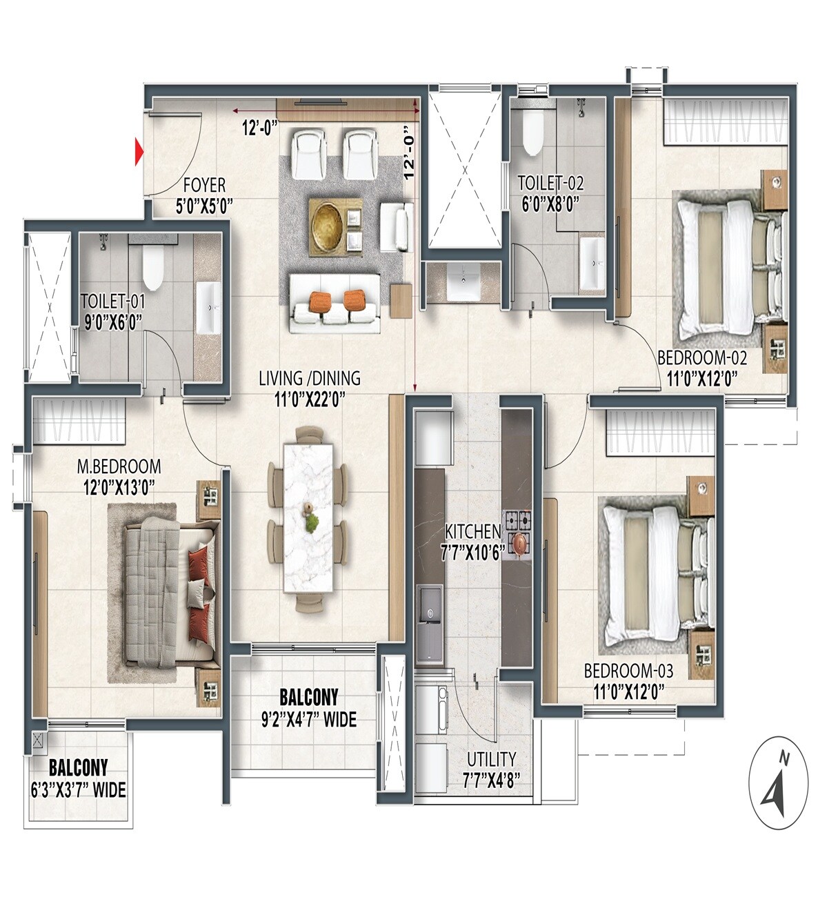 Floor plan of 3 BHK 1521 Sq. Ft. Apartment in Prestige Palm Court, Chennai