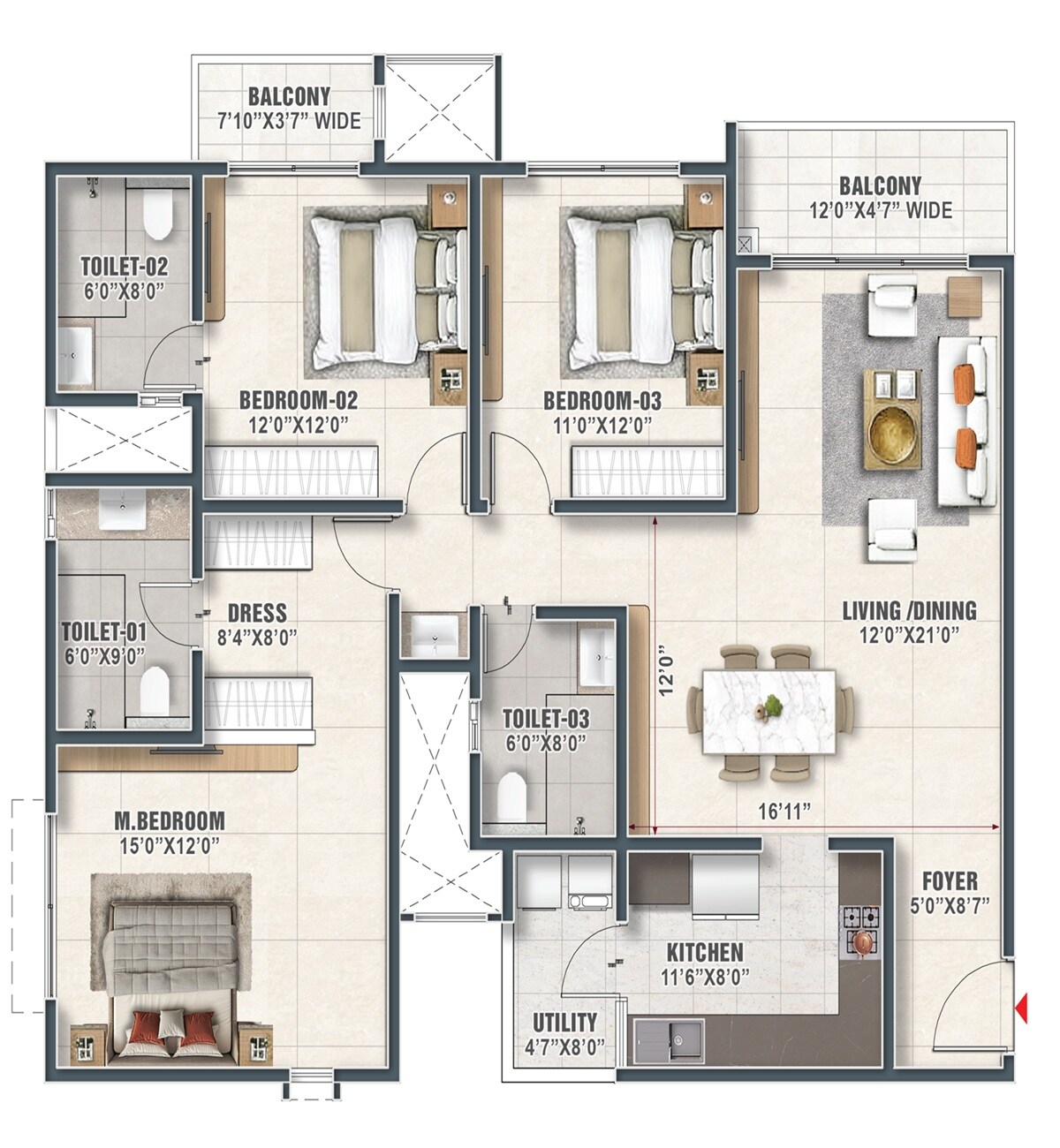 Floor plan of 3 BHK 1887 Sq. Ft. Apartment in Prestige Palm Court, Chennai