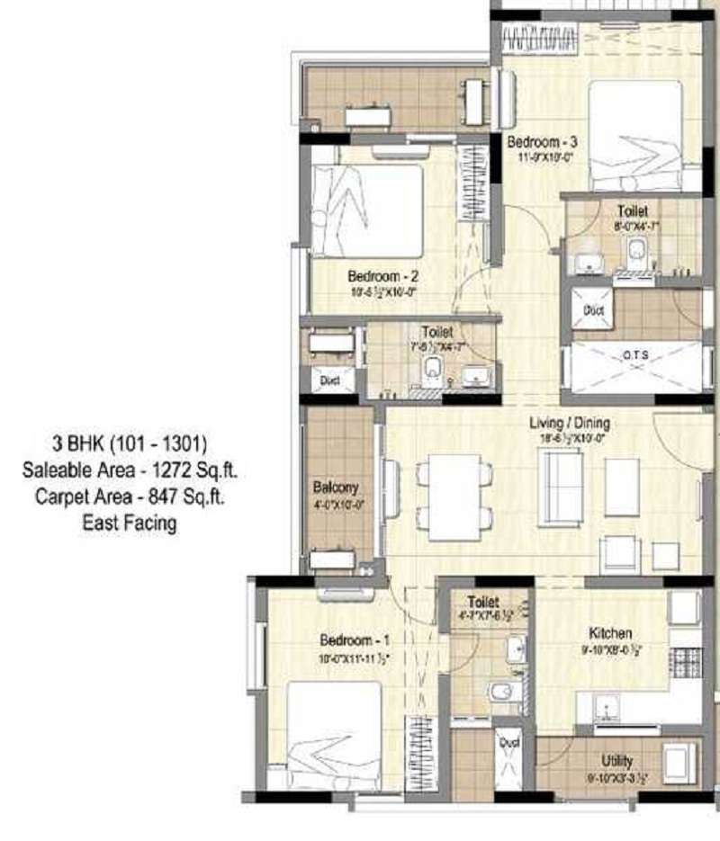 3 BHK 1272 Sq. Ft. Apartment in Pristine Pavilion Phase 3