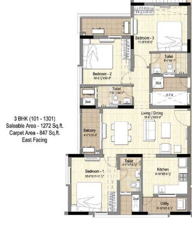 Floor plan of 3 BHK 1272 Sq. Ft. Apartment in Pristine Pavilion Phase 3, Chennai