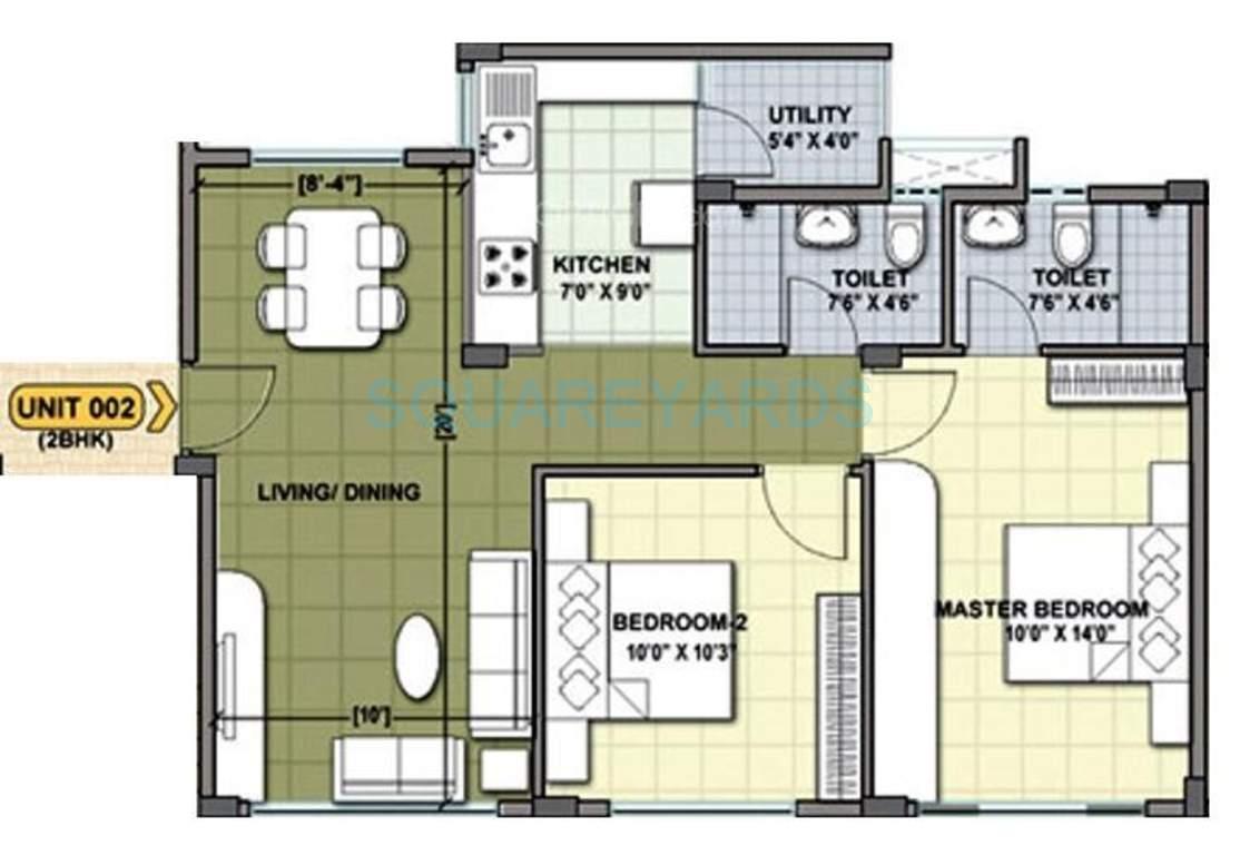 Floor plan of 2 BHK 848 Sq. Ft. Apartment in Provident Cosmo City, Chennai