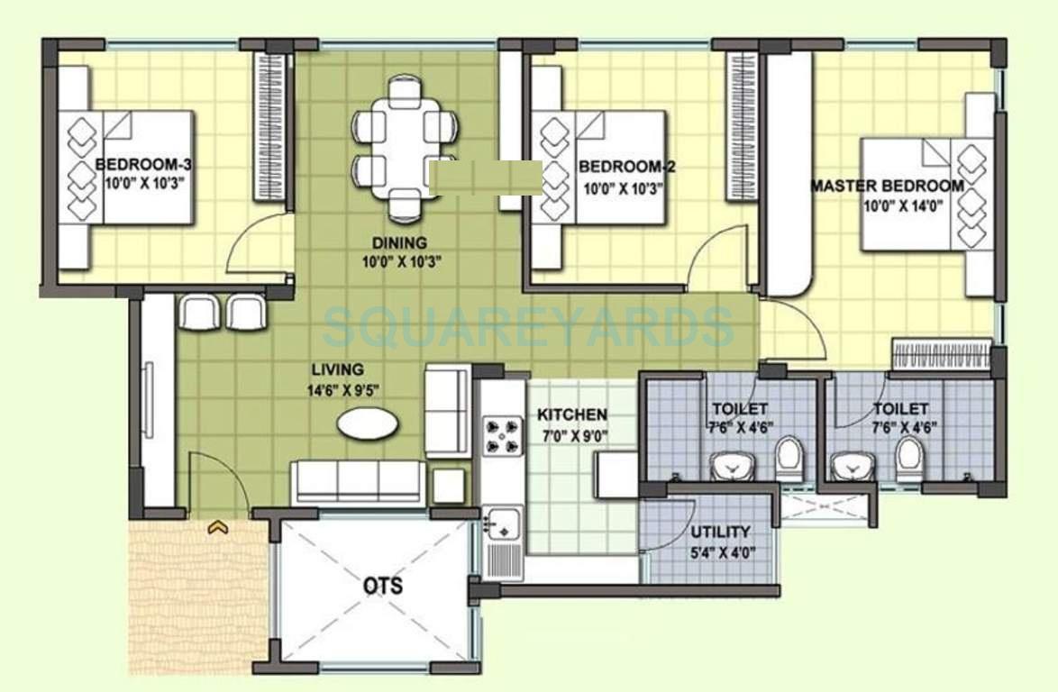 Floor plan of 3 BHK 1062 Sq. Ft. Apartment in Provident Cosmo City, Chennai
