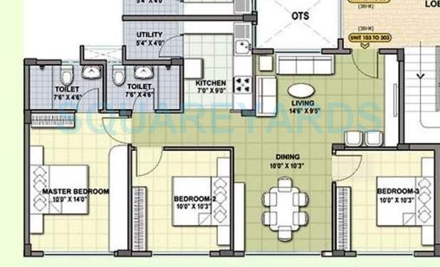 Floor plan of 3 BHK 983 Sq. Ft. Apartment in Provident Cosmo City, Chennai