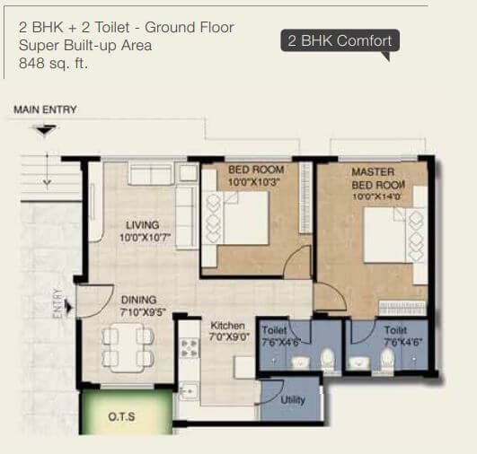 Floor plan of 2 BHK 848 Sq. Ft. Apartment in Provident Freedom, Chennai