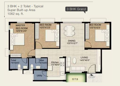 Floor plan of 3 BHK 1062 Sq. Ft. Apartment in Provident Freedom, Chennai