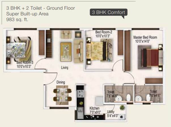 Floor plan of 3 BHK 983 Sq. Ft. Apartment in Provident Freedom, Chennai