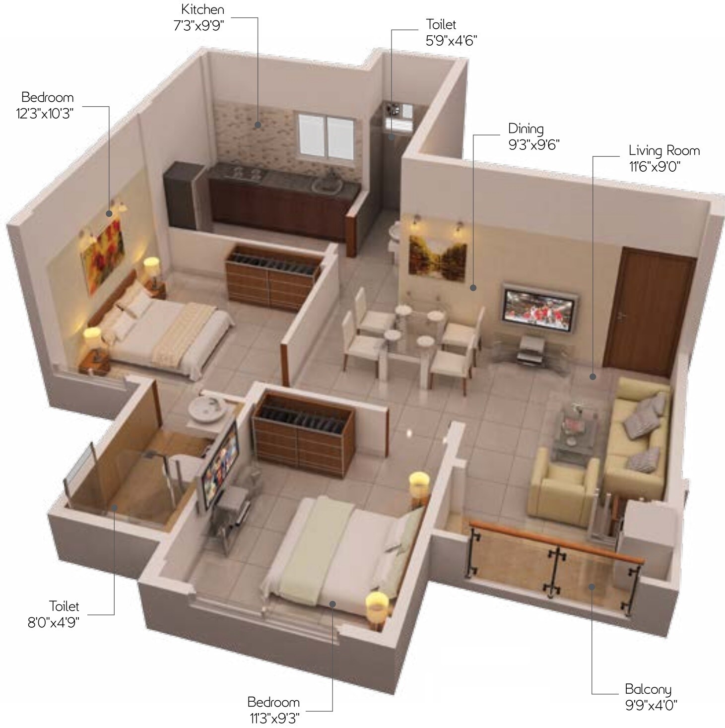 Floor plan of 2 BHK 860 Sq. Ft. Apartment in PS Srijan Tera, Chennai