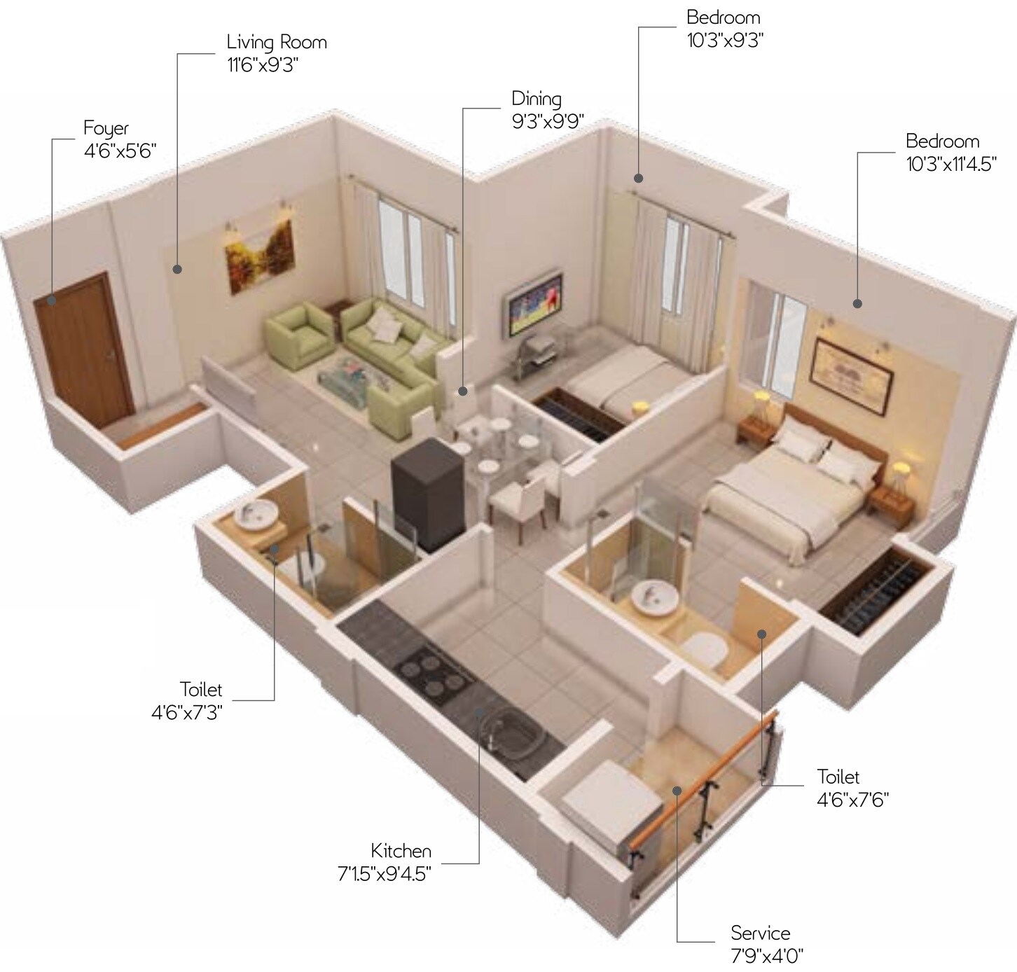Floor plan of 2 BHK 865 Sq. Ft. Apartment in PS Srijan Tera, Chennai
