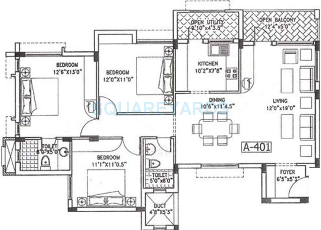 Floor plan of 3 BHK 1339 Sq. Ft. Apartment in Puravankara Purva Jade, Chennai