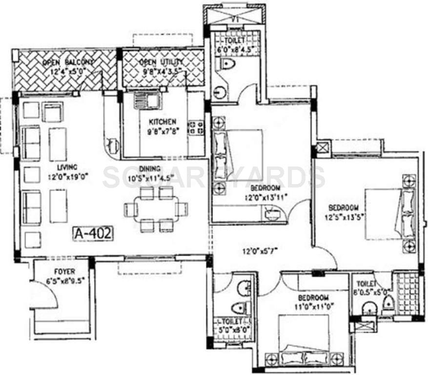 Floor plan of 3 BHK 1501 Sq. Ft. Apartment in Puravankara Purva Jade, Chennai