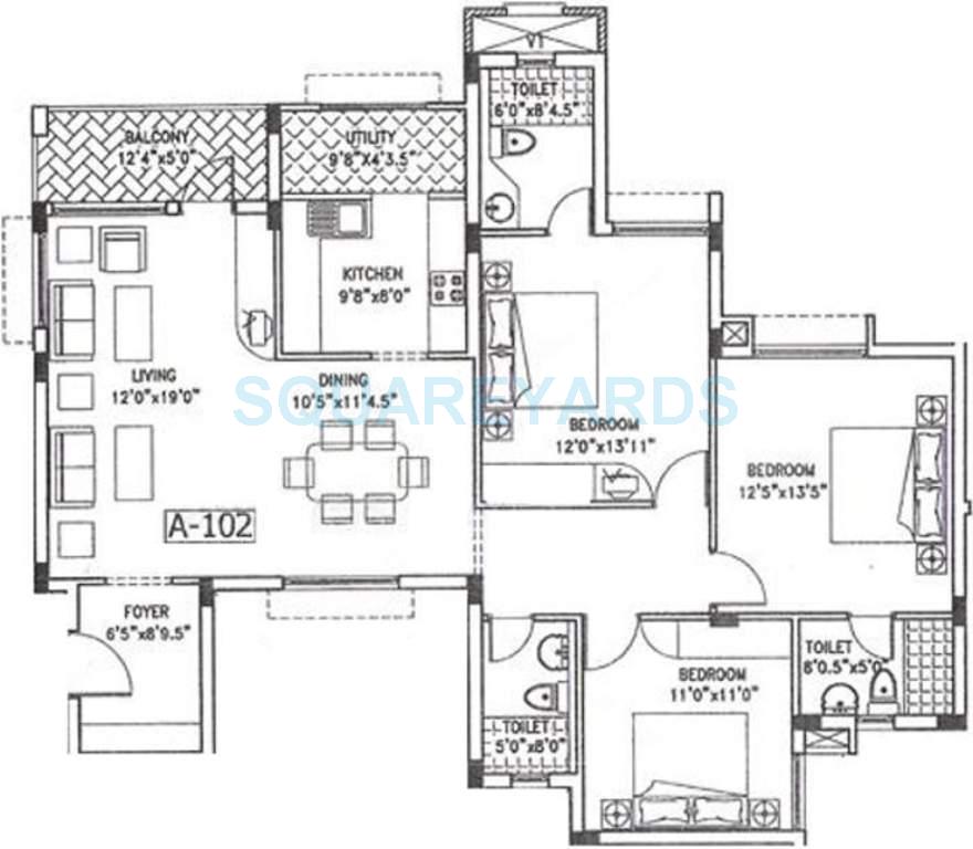 Floor plan of 3 BHK 1620 Sq. Ft. Apartment in Puravankara Purva Jade, Chennai