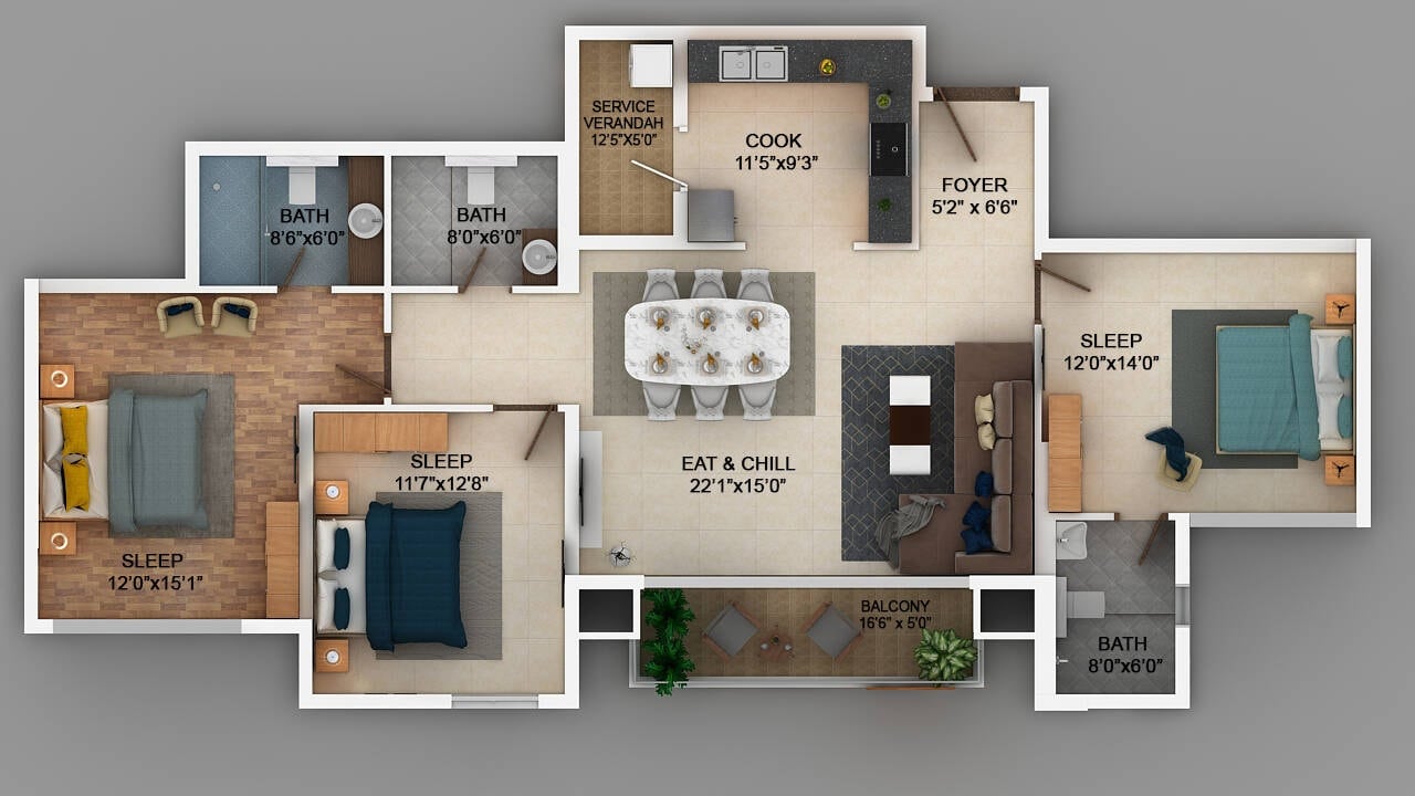 Floor plan of 3 BHK 1890 Sq. Ft. Apartment in Puravankara Purva Somerset House, Chennai