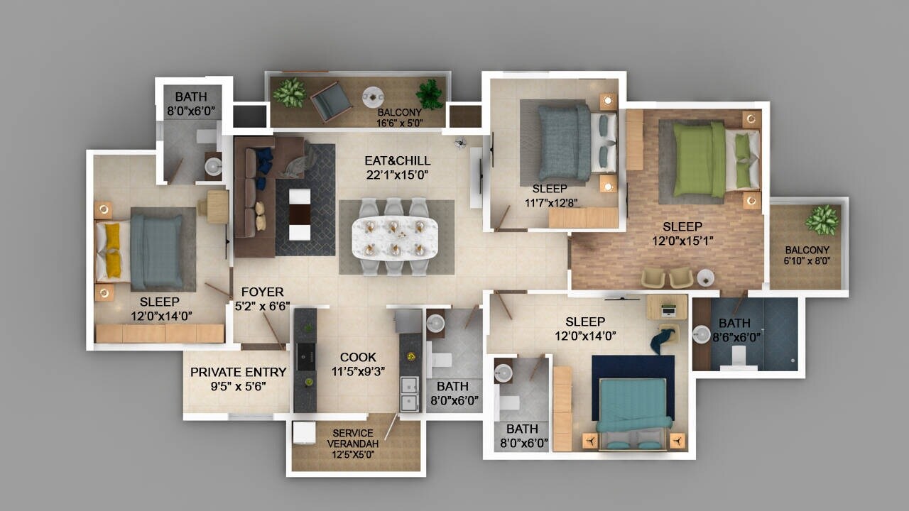 Floor plan of 3 BHK 2475 Sq. Ft. Apartment in Puravankara Purva Somerset House, Chennai