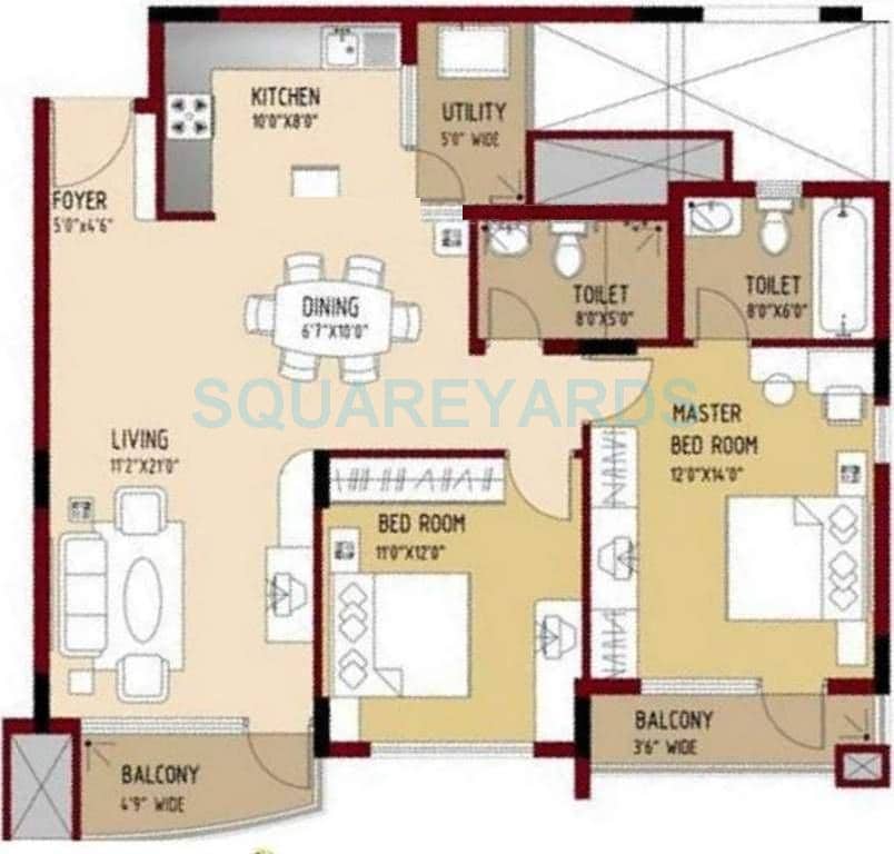 Floor plan of 2 BHK 1272 Sq. Ft. Apartment in Puravankara Purva Swanlake, Chennai