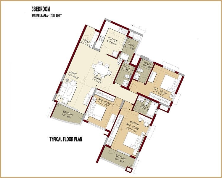 Floor plan of 3 BHK 1738 Sq. Ft. Apartment in Puravankara Purva Swanlake, Chennai