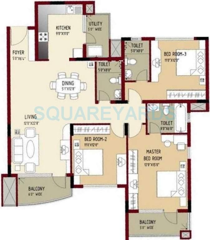 Floor plan of 3 BHK 1699 Sq. Ft. Apartment in Puravankara Purva Swanlake, Chennai