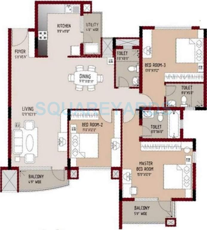 Floor plan of 3 BHK 1805 Sq. Ft. Apartment in Puravankara Purva Swanlake, Chennai