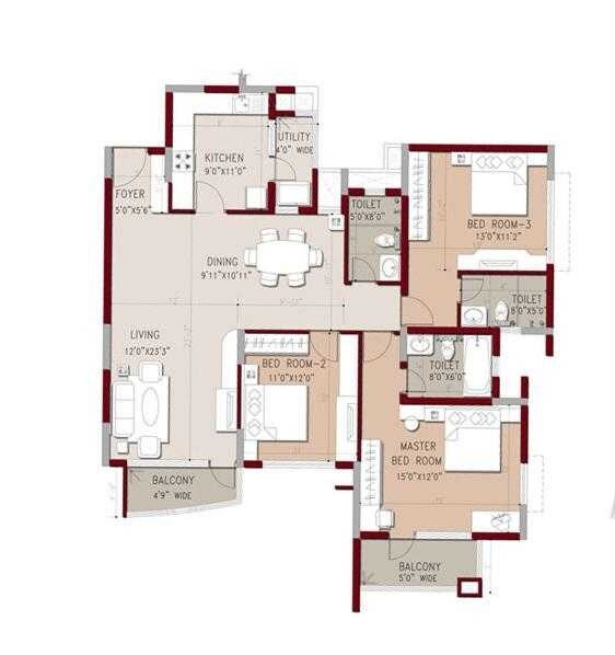 Floor plan of 3 BHK 1800 Sq. Ft. Apartment in Purva Swanlake, Chennai