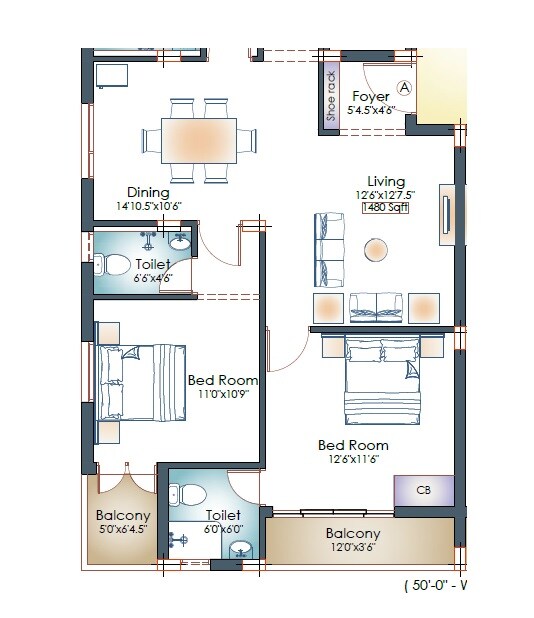Floor plan of 3 BHK Apartment - 1480 sq. ft. in Pushkar Aditya, Chennai