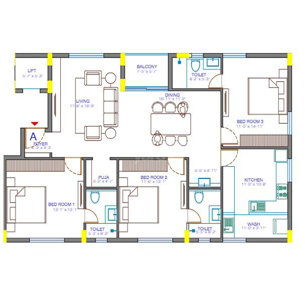 Floor plan of 3 BHK 1630 Sq. Ft. Apartment in Pushkar Adityahridayam, Chennai