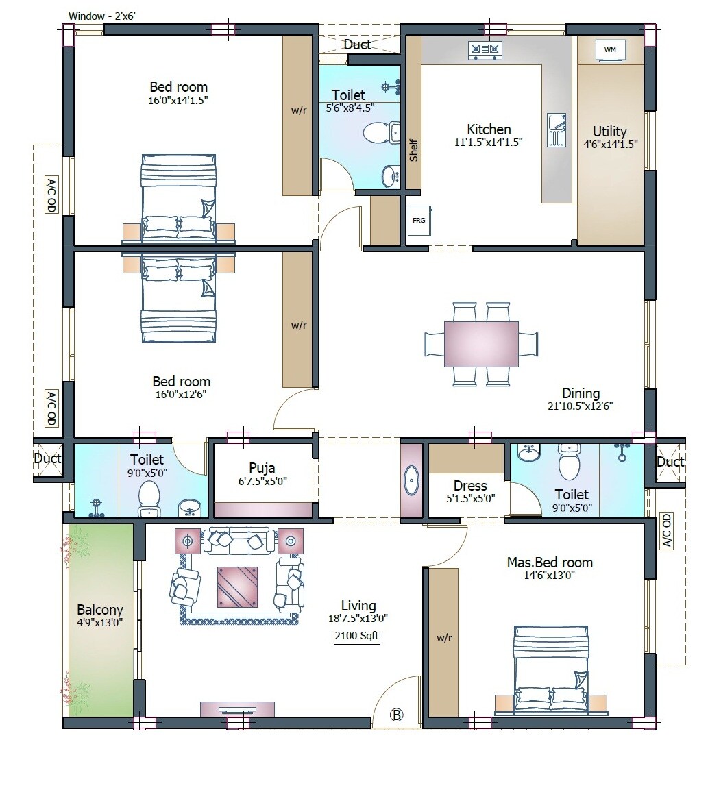 Floor plan of 3 BHK 2100 Sq. Ft. Apartment in Pushkar Arcadia, Chennai