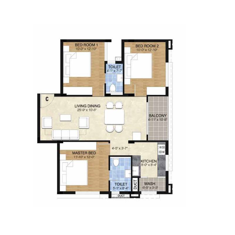 Floor plan of 3 BHK 838 Sq. Ft. Apartment in Pushkar Epica, Chennai