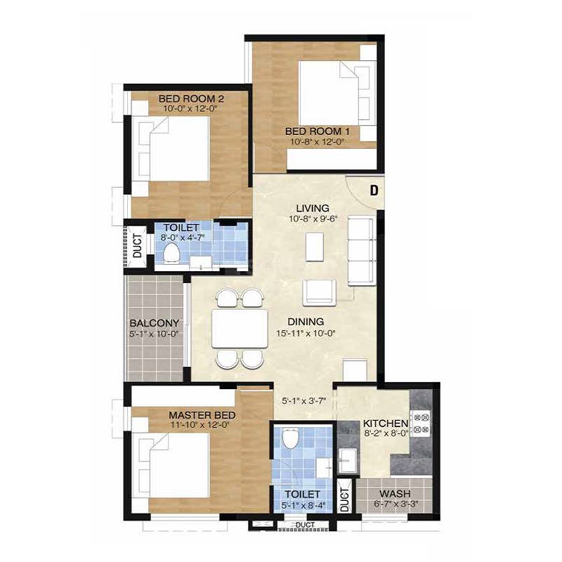 Floor plan of 3 BHK 887 Sq. Ft. Apartment in Pushkar Epica, Chennai