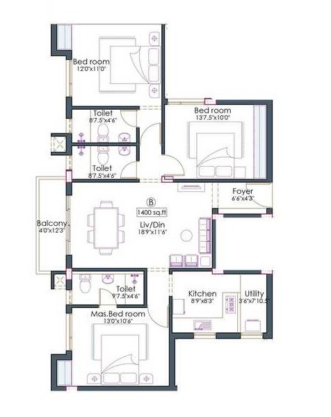 Floor plan of 3 BHK 1400 Sq. Ft. Apartment in Pushkar Jayalakshmi Manicakam Villa, Chennai