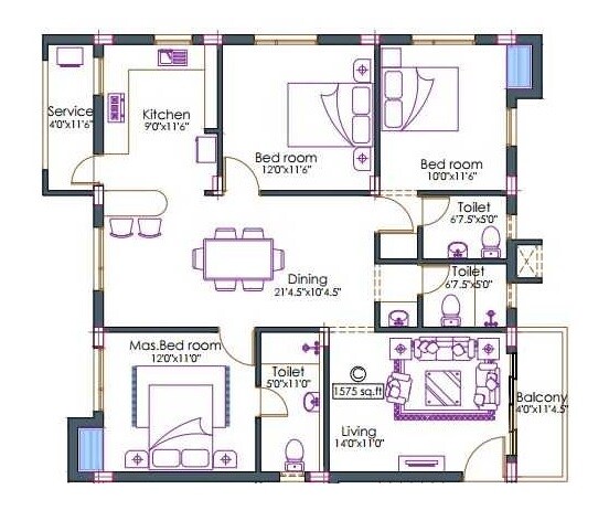 Floor plan of 3 BHK 1575 Sq. Ft. Apartment in Pushkar Jayalakshmi Manicakam Villa, Chennai