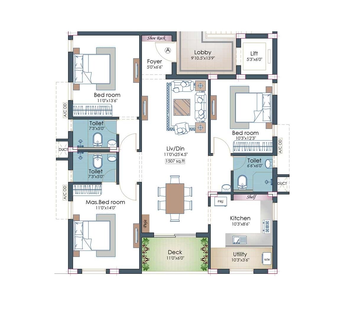 Floor plan of 3 BHK 1507 Sq. Ft. Apartment in Pushkar Kalpavriksha, Chennai