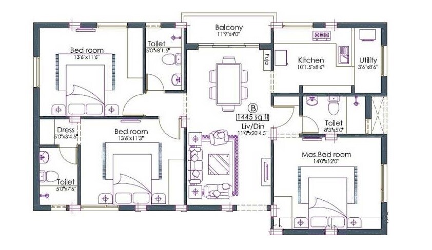 Floor plan of 3 BHK 1445 Sq. Ft. Apartment in Pushkar Madhavi, Chennai